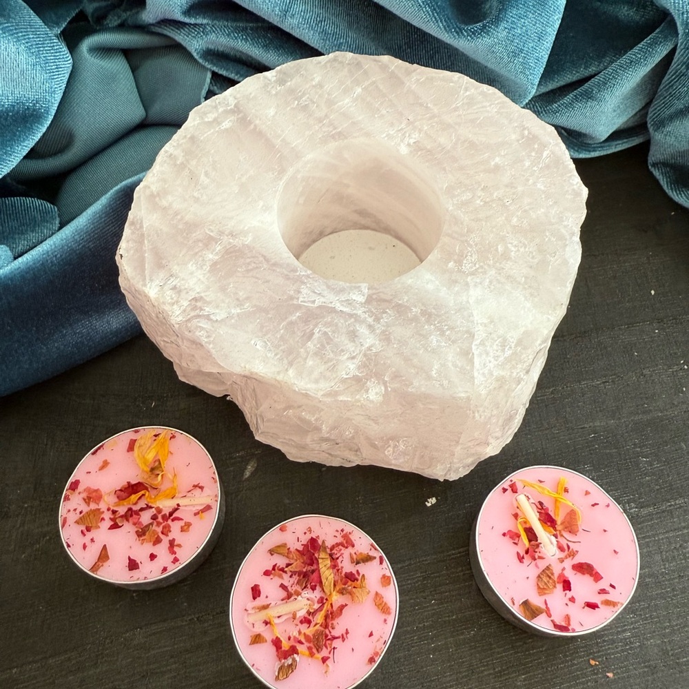 Rose Quartz Candle Holder 4.25 inches. 3 rose scented tea candles included.
